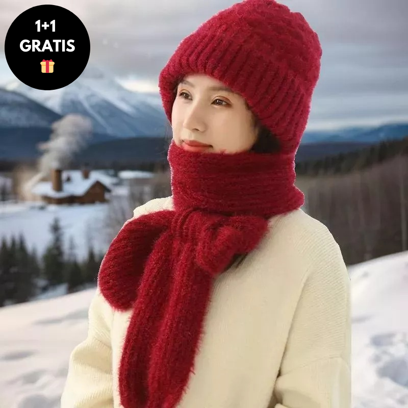 Warm Women's Hat with Integrated Scarf - Nora