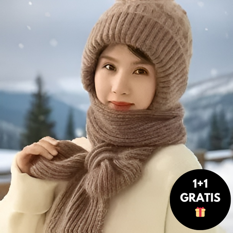 Warm Women's Hat with Integrated Scarf - Nora