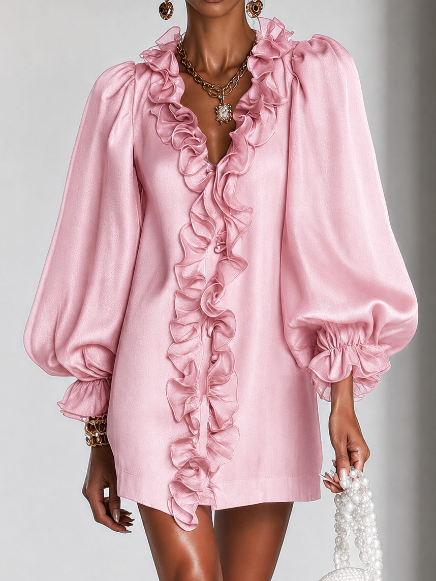 Close-up van de roze jurk met ruches langs de V-hals, subtiele glans en pofmouwen met ruchemanchetten. 8