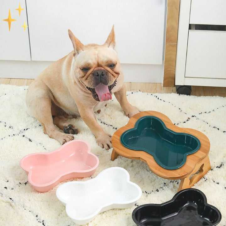 Keramische Honden Voerbak met Houten Verhoging - BoneFeast