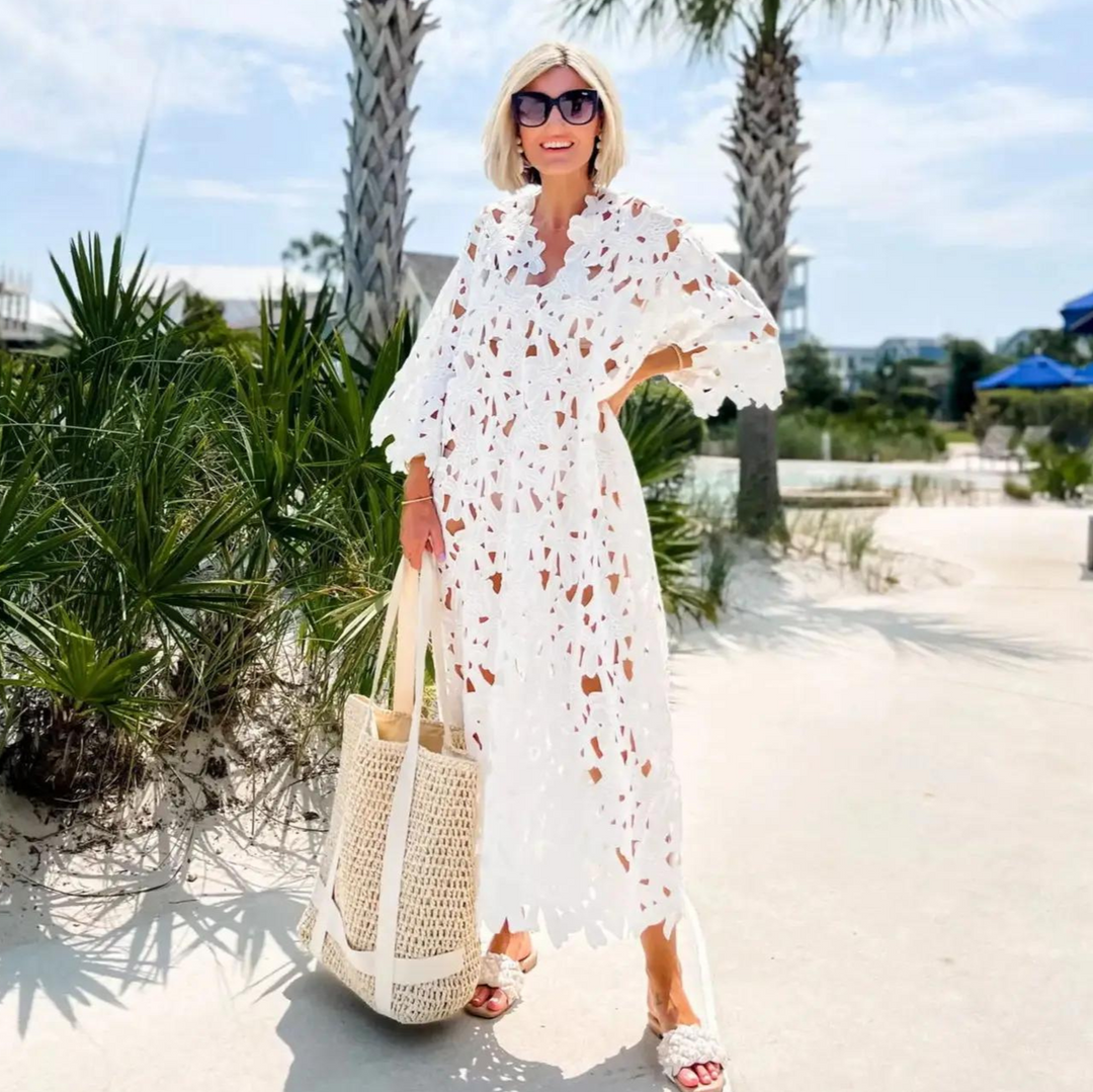 maxi airy summer dresses Hand-knit Linen Maxi Dress, Airy Summer Dress With Short Sleeves and Ruffle Hem, Perfect for Layering on Special Days or Casual Ones