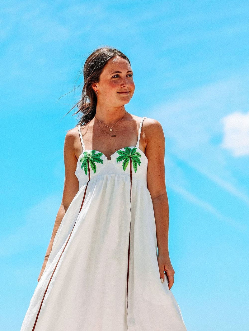 Trendy shoulder dress with tropical palm print – Estelle