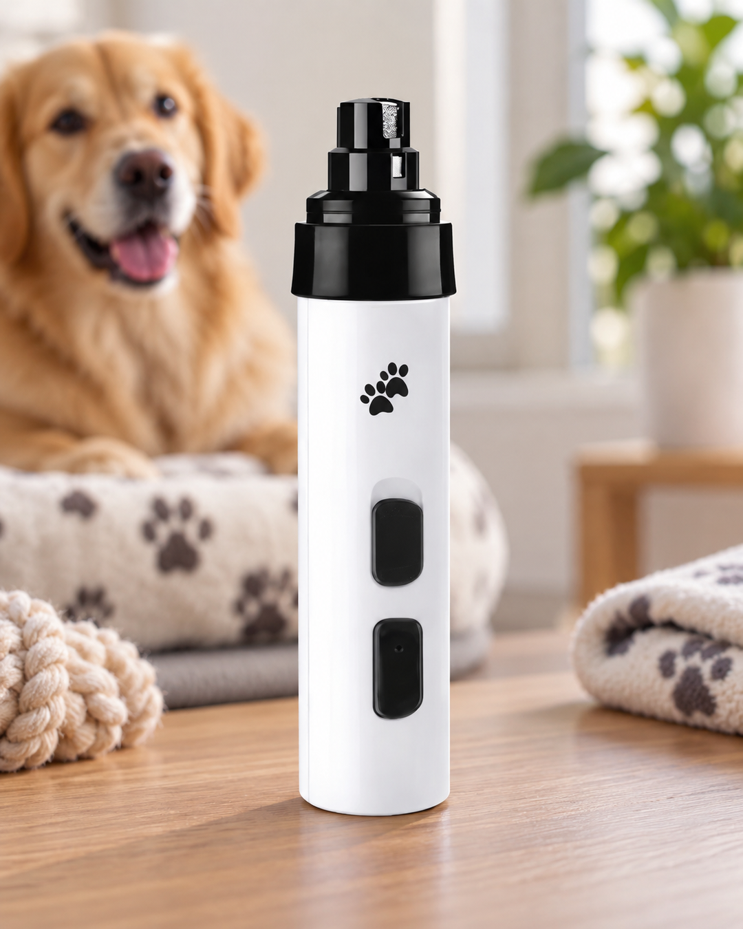 Witte nagelvijl met zwarte kop en pootafdruk staat rechtop op een houten tafel voor een gouden hond 1