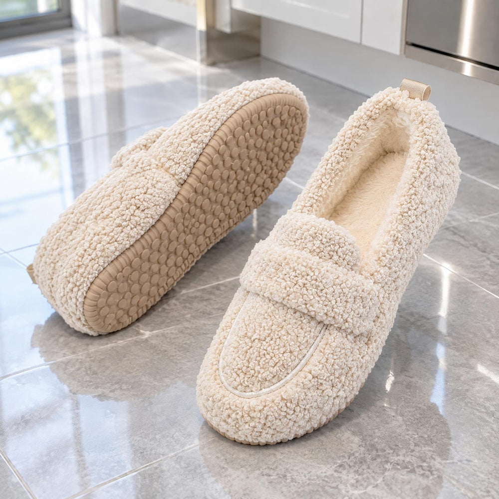 Crèmekleurige teddy-instappers op marmeren vloer, een schoen rechtop en een met de noppenzool naar boven 2