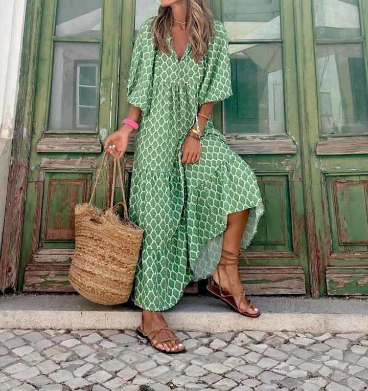 Printed Maxi Dress with Waistband – Aurelia