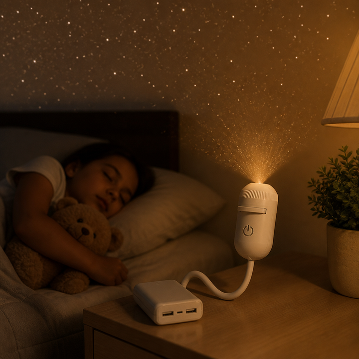 Slapend kind met knuffelbeer in bed terwijl de projector op het nachtkastje, aangesloten op een powerbank, sterren op de muur en het plafond werpt. 4