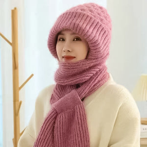 Warm Women's Hat with Integrated Scarf - Nora