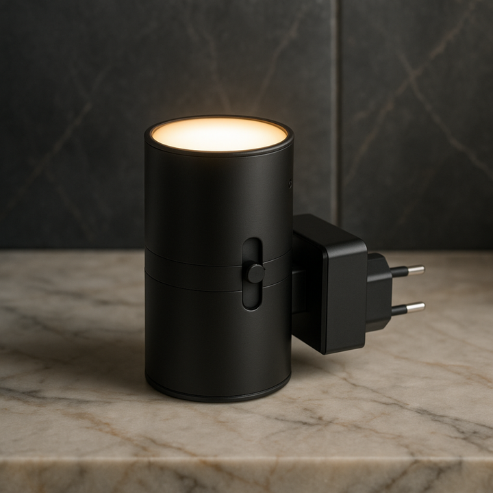 Zwarte cilindervormige nachtlamp met stekker en schuifregelaar, gloeiend warm wit, op een marmeren plank tegen een donkere tegelwand. 3