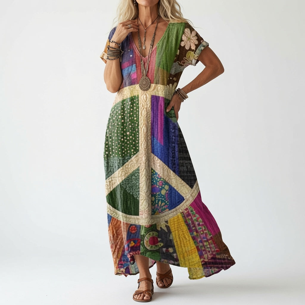 Model draagt de jurk in een kleurrijke patchworkversie met een groot vredesteken in het midden, met armbanden en bruine sandalen. 2