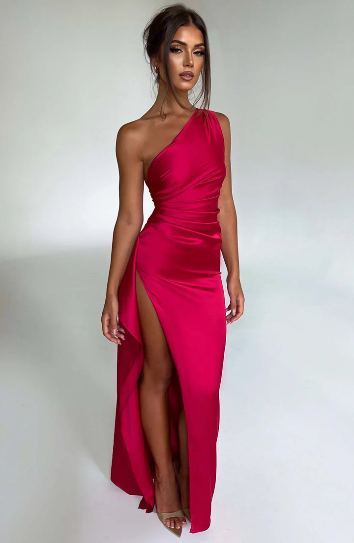 Satin One-Shoulder Split Dress - Vivienne