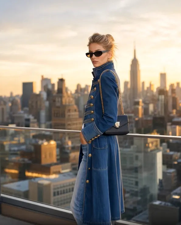 Zijaanzicht van het model in blauwe denim jas met zakken en gouden knopen, met zwarte schoudertas op een dakterras bij zonsondergang. 7