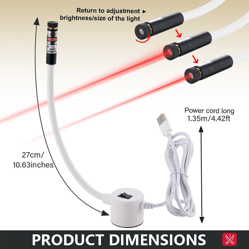 Laser met magneetvoet en usb-kabel met afmetingen, plus draaiende lens voor het instellen van de straal 5