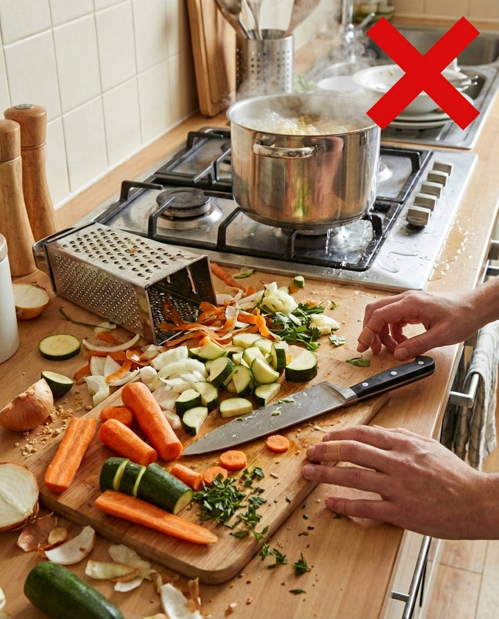 Rommelig aanrecht met snijplank, mes en een ouderwets blokrasp tussen gesneden wortel, courgette en ui, naast een kokende pan. 2