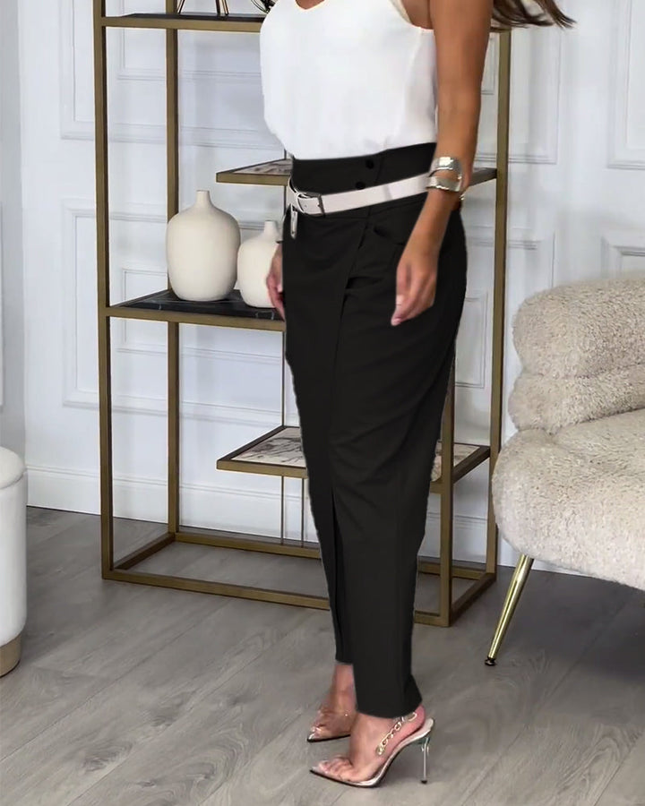 Trendy Women's Patchwork Pants with Belt - Liv