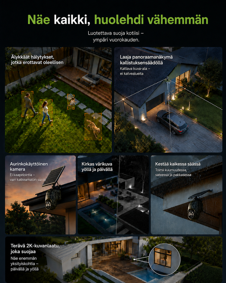 Collage van gebruikssituaties: personen en hond in de tuin, oprit met auto, zonnepaneel bij zonsondergang, regen en 2K-detail. 4