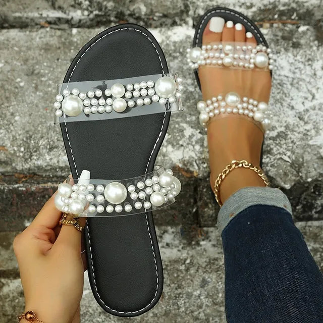 Bohemian Slip-On Women's Sandals with Pearl Decoration – Elvyna