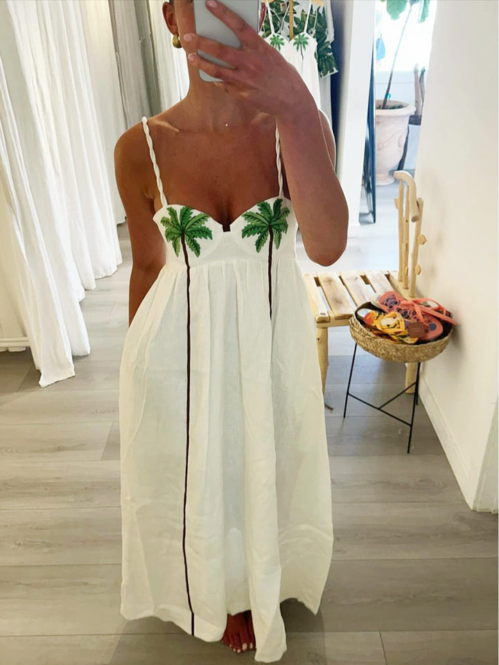 Trendy shoulder dress with tropical palm print – Estelle