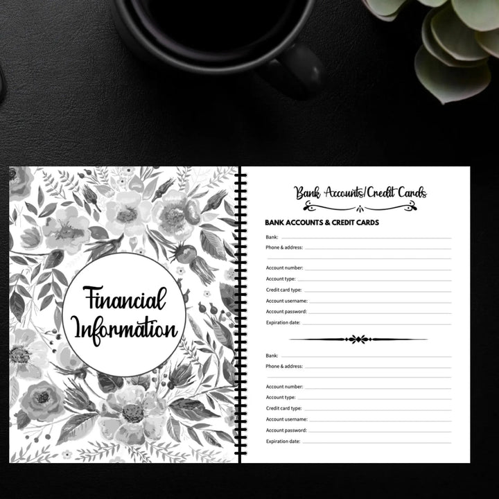 Opengeslagen spiraalplanner met links een zwart-wit bloemenblad voor financiële gegevens en rechts een invulpagina voor bankrekeningen en creditcards. 2