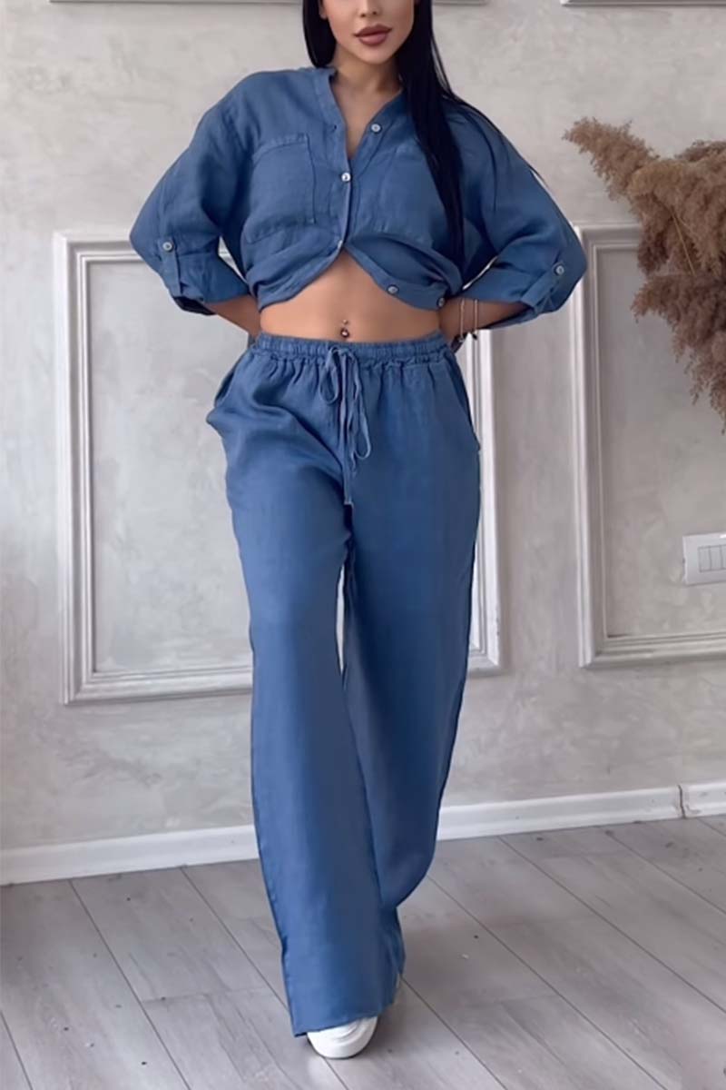 Trendy tweedelige linnen dames set met blouse en wijde broek - Lina