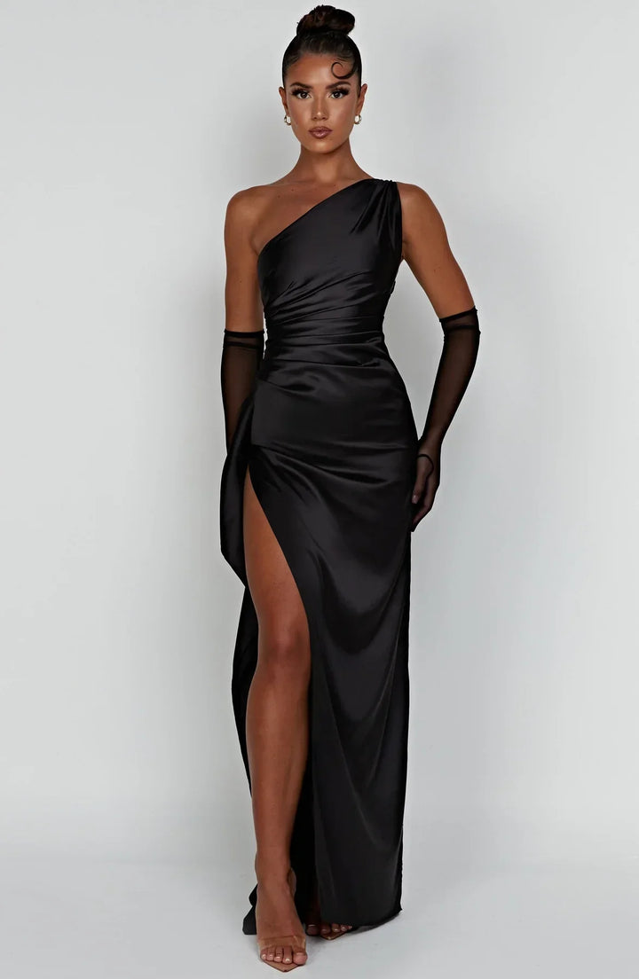 Satin One-Shoulder Split Dress - Vivienne