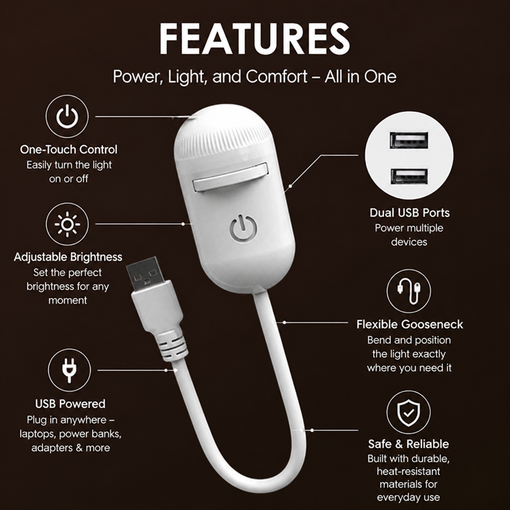 Overzicht van de kenmerken met pictogrammen rond de projector: bediening met één knop, instelbare helderheid, twee USB-poorten, flexibele hals en USB-voeding. 7