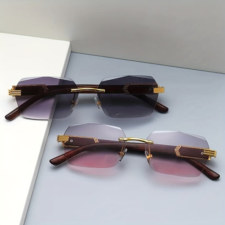Rimless Sunglasses with Rectangular Lenses and Faux Wood Temples – Verro