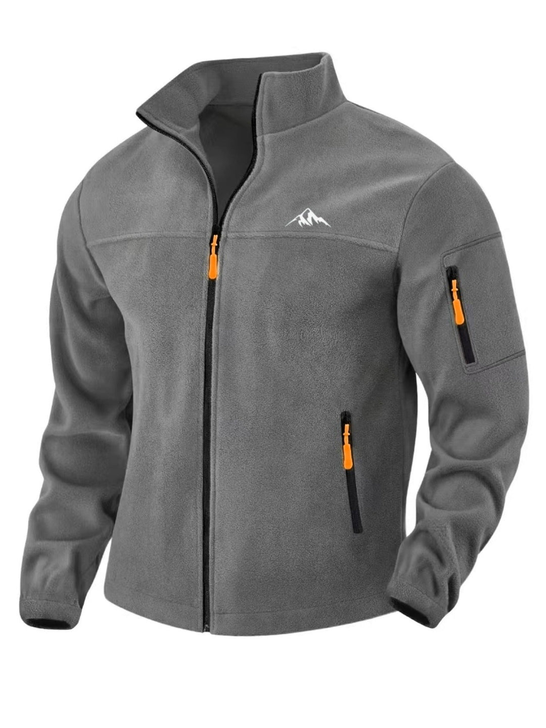 Voorkant van de middengrijze fleecejack met zwarte ritsen en oranje trekkers 6