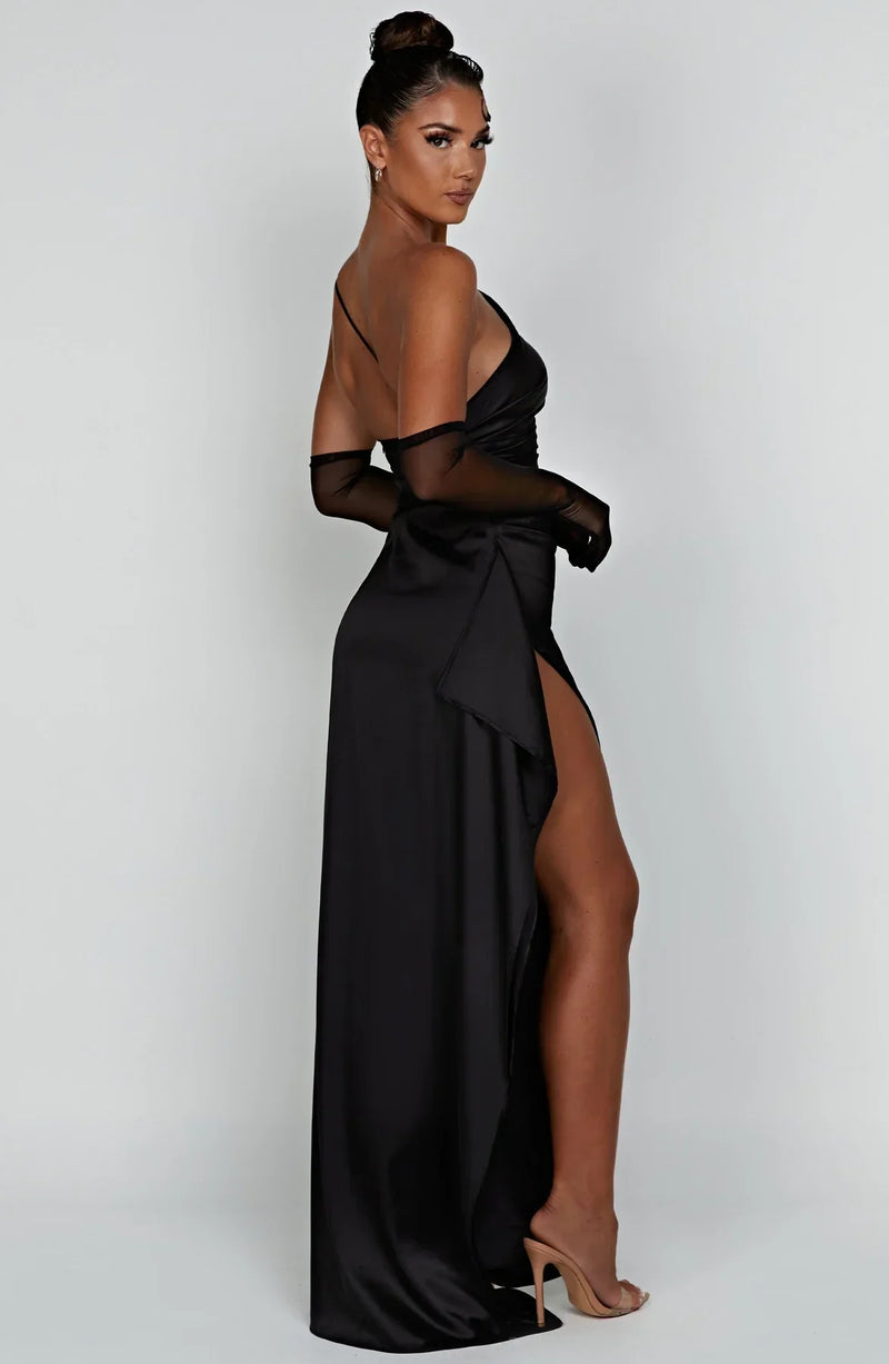 Satin One-Shoulder Split Dress - Vivienne