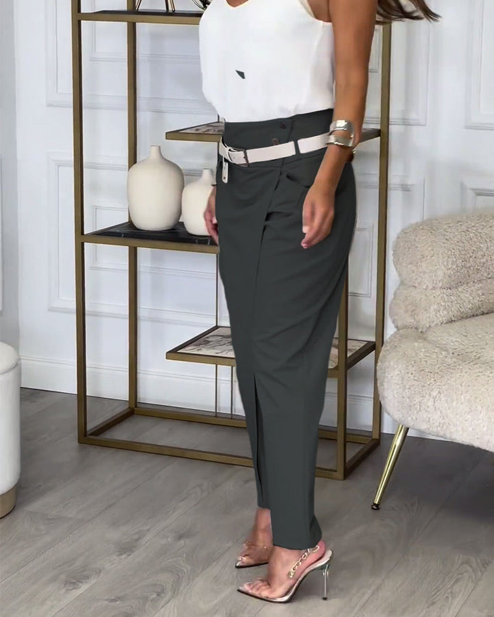 Trendy Women's Patchwork Pants with Belt - Liv