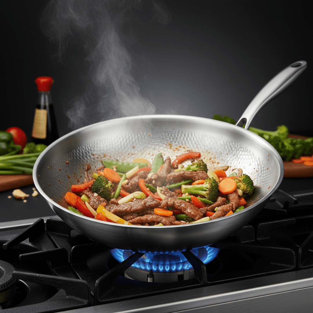 Wokpan met roergebakken vlees, broccoli, wortel en paprika op een gasfornuis, met opstijgende stoom en ingrediënten op de achtergrond. 5