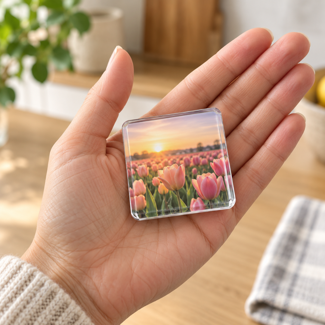 Vierkante acrylmagneet met een tulpenveld bij zonsondergang op een open handpalm, ter vergelijking van het formaat 6