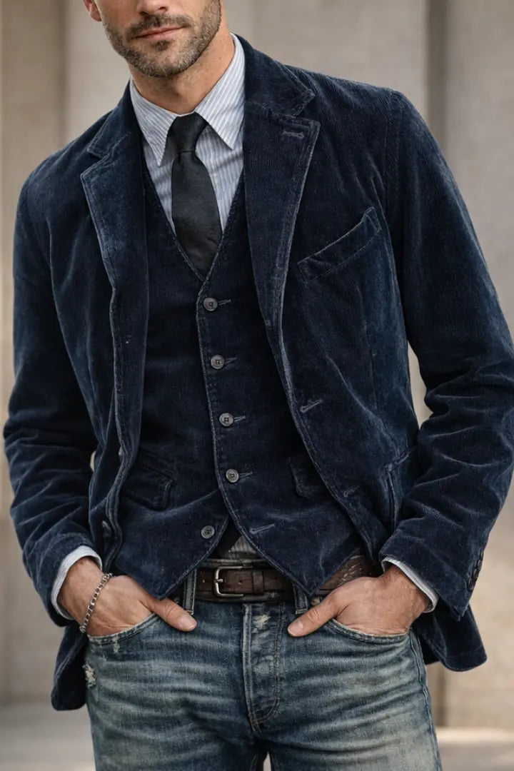 Close-up van donkerblauwe fluwelen jack met gilet, stropdas en verwassen jeans, handen in de zakken 3