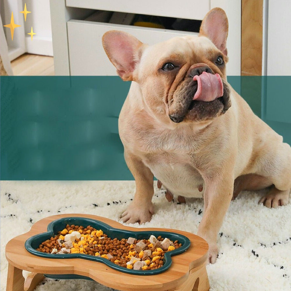 Keramische Honden Voerbak met Houten Verhoging - BoneFeast