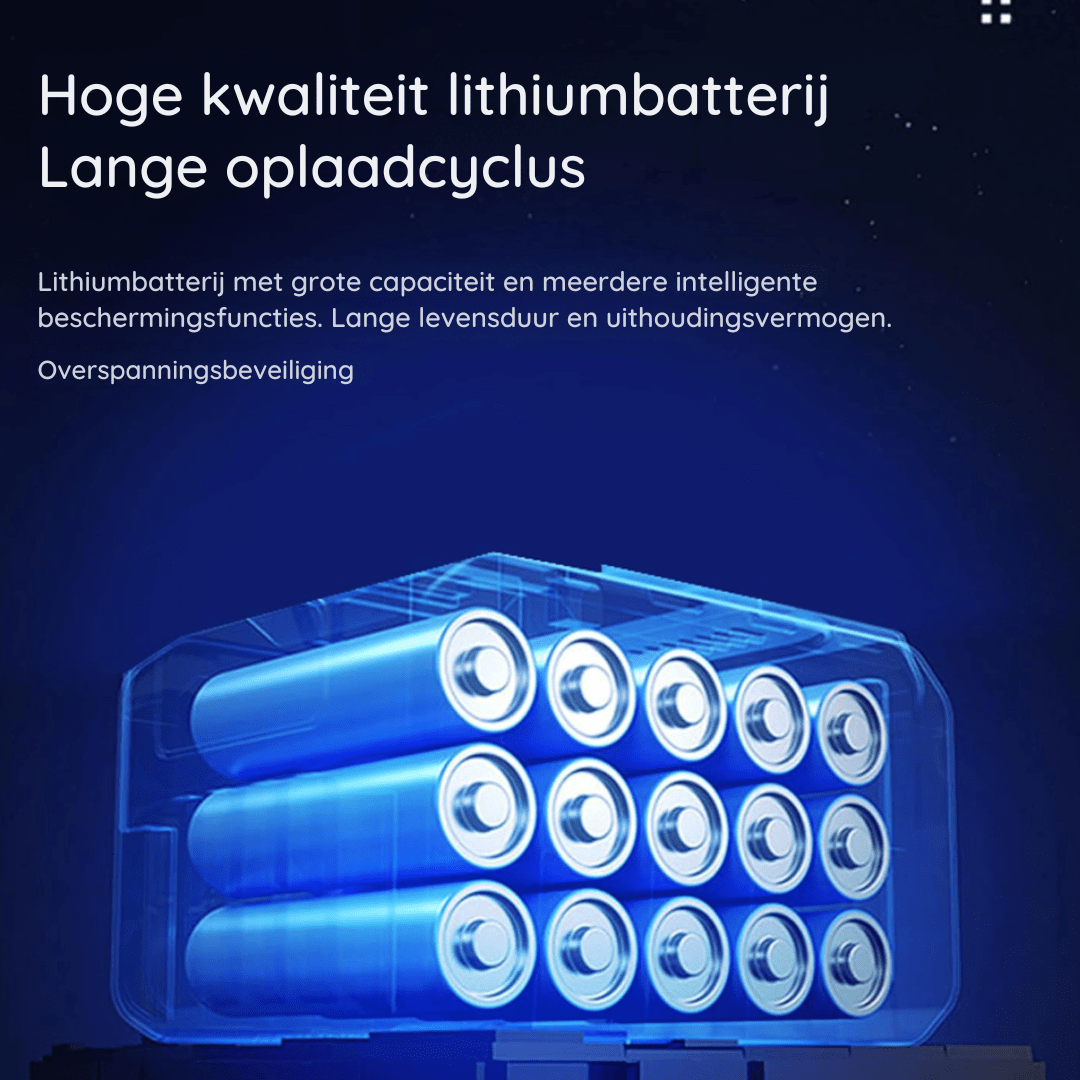 Infographic met blauw doorzichtig batterijvak vol cilindervormige lithiumcellen, bedoeld om de oplaadbare accu en overspanningsbeveiliging van de lamp toe te li 6