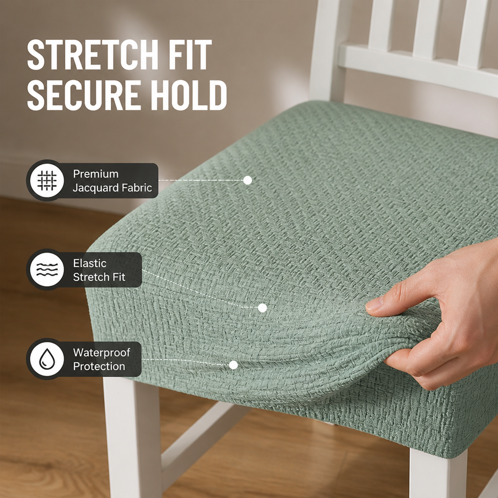 Hand trekt aan de rand van een groene, rekbare jacquard zitovertrek op een witte stoel om de stretch te tonen. 3