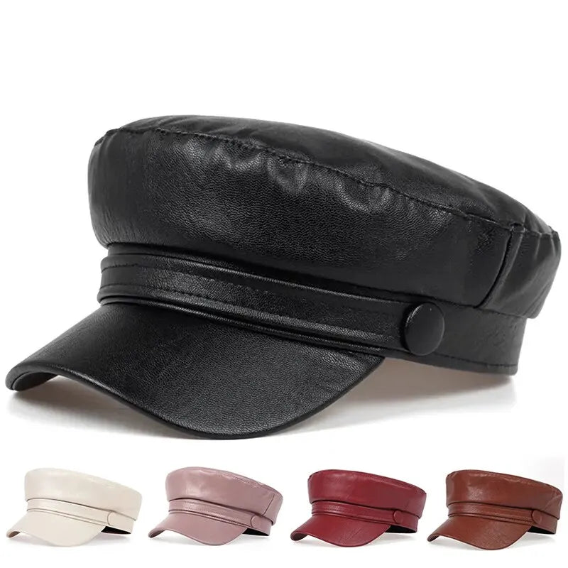 Zwarte bakkerspet met bandje en knoop, met daaronder vier kleurvarianten: beige, roze, rood en bruin 2