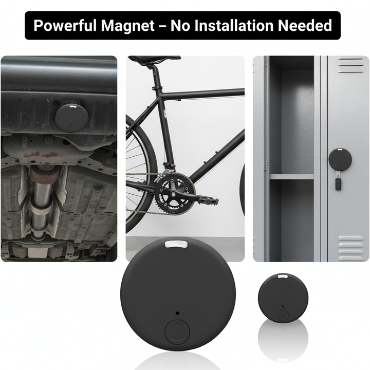 Zwarte tracker magnetisch bevestigd onder een auto, aan een fietsframe en op een metalen kluisjesdeur, met twee losse trackers eronder. 6