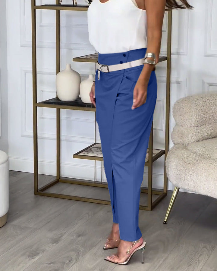 Trendy Women's Patchwork Pants with Belt - Liv