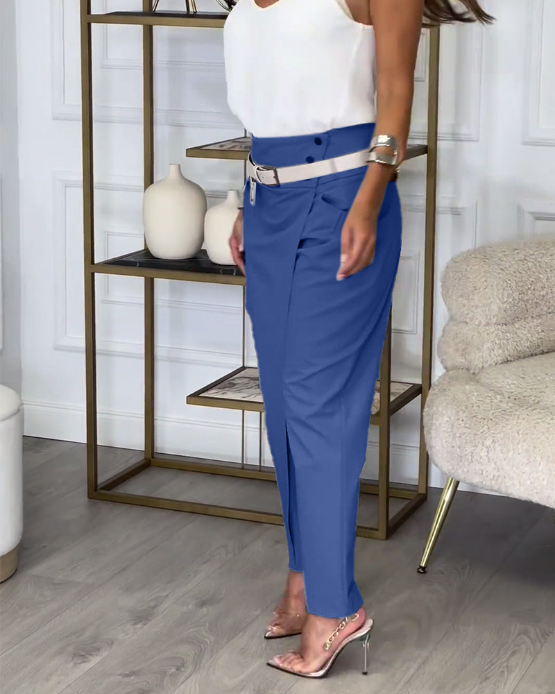Trendy Women's Patchwork Pants with Belt - Liv