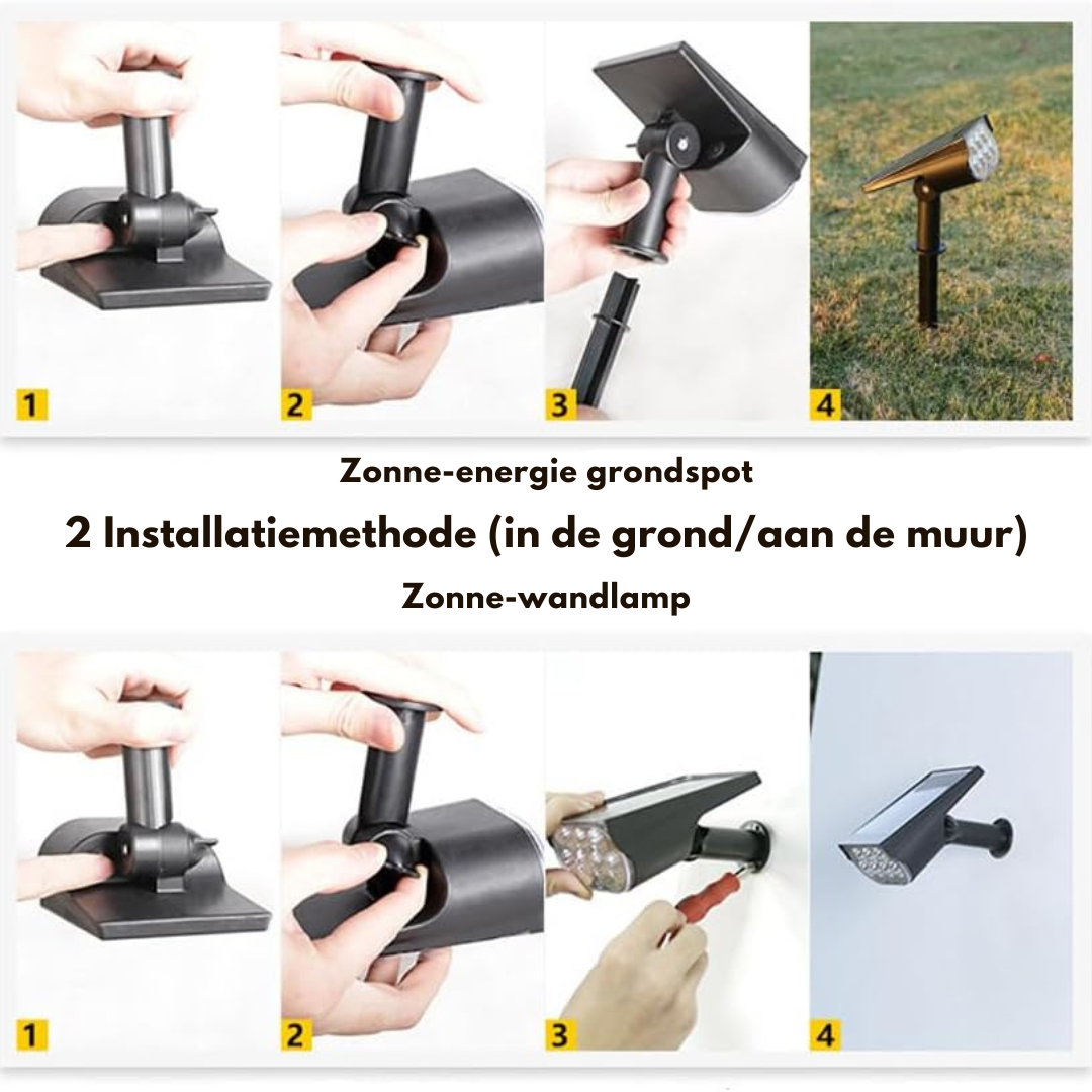 Stappenplan in twee rijen van vier foto's om de spot in de grond te steken of met schroeven aan de muur te monteren. 7