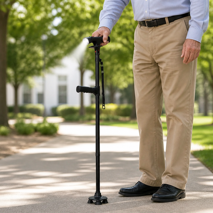 Man in lichte broek en overhemd loopt buiten op een parkpad en steunt op de zwarte stok met brandende ledlamp. 3