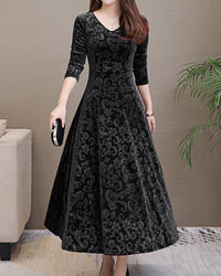Velvet Midi Dress with Long Sleeves - Selina