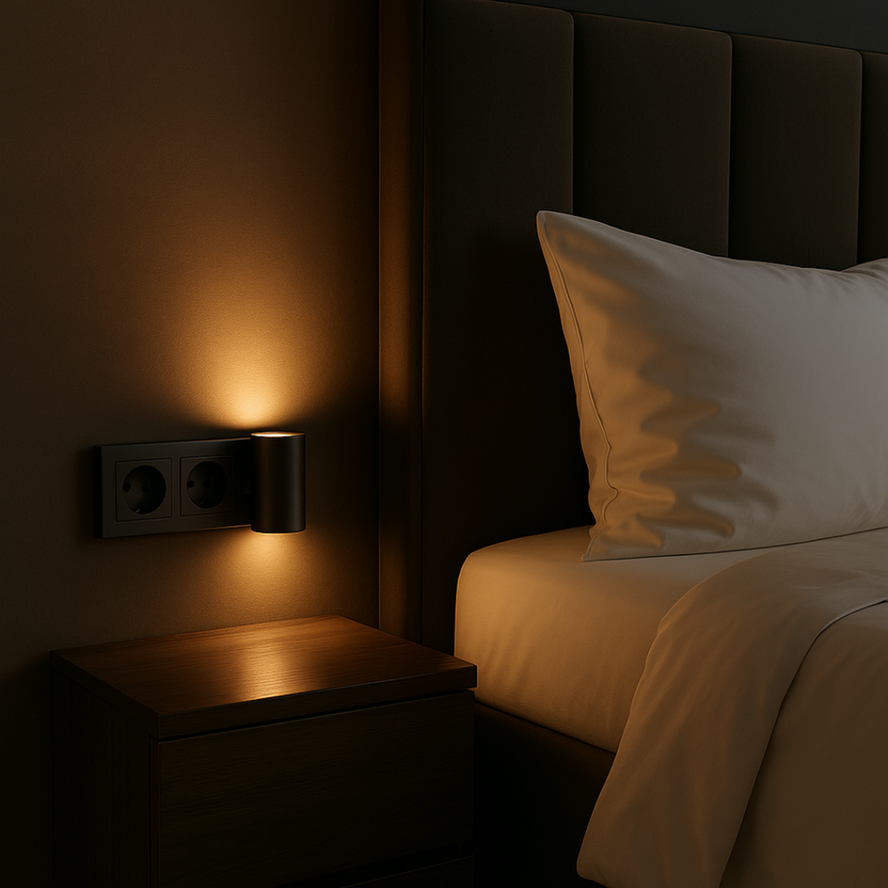 Zwart cilinderlampje naast een dubbel stopcontact boven een houten nachtkastje, met zacht warm licht naast een opgemaakt bed. 2