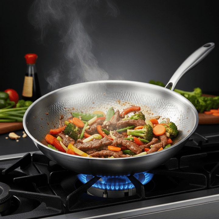 Wok op een gasbrander met roerbakgerecht van reepjes vlees, broccoli, wortel en paprika, met stoom die opstijgt. 6