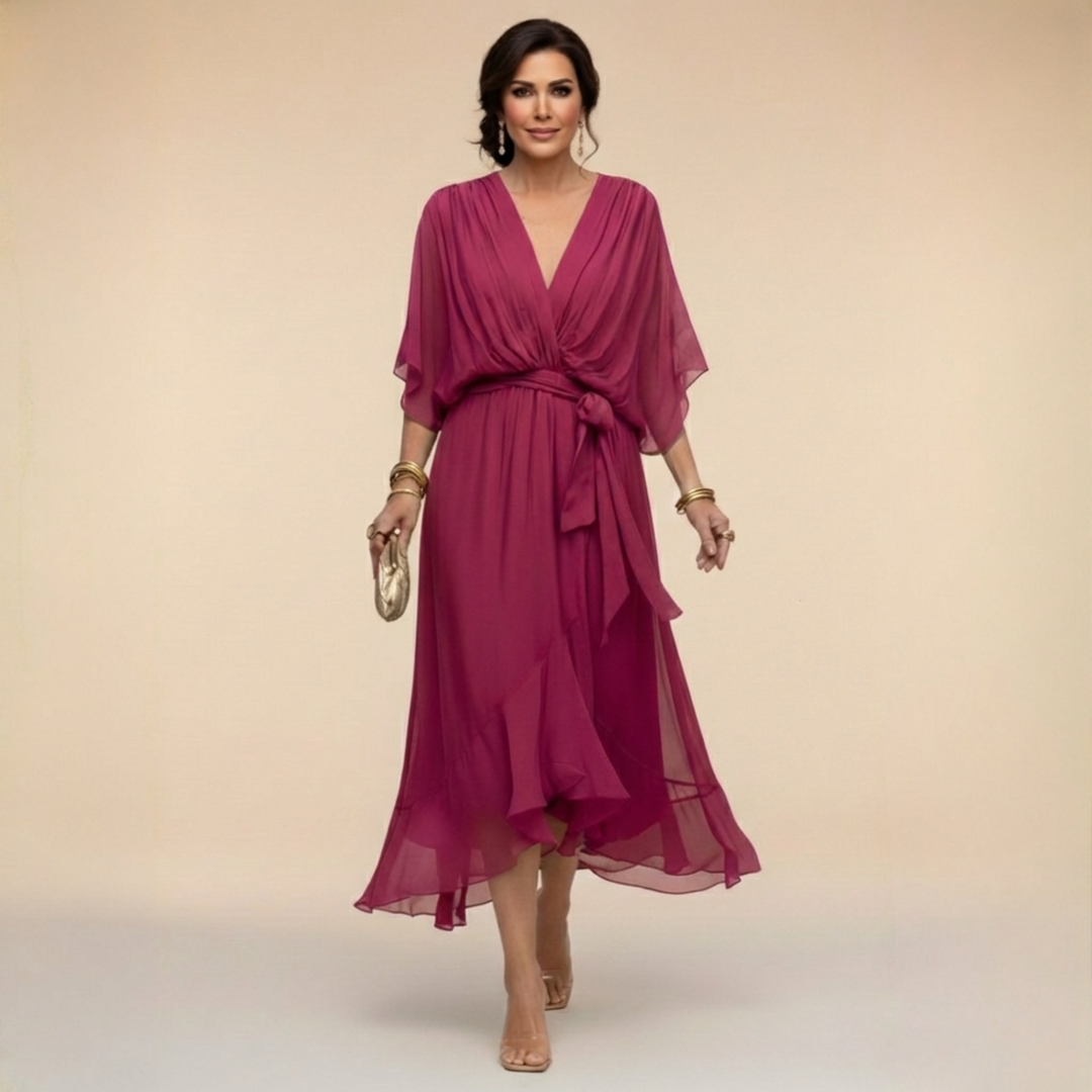 Elegant Flowy Midi Dress for Women – V-Neck & Adjustable Waist 4