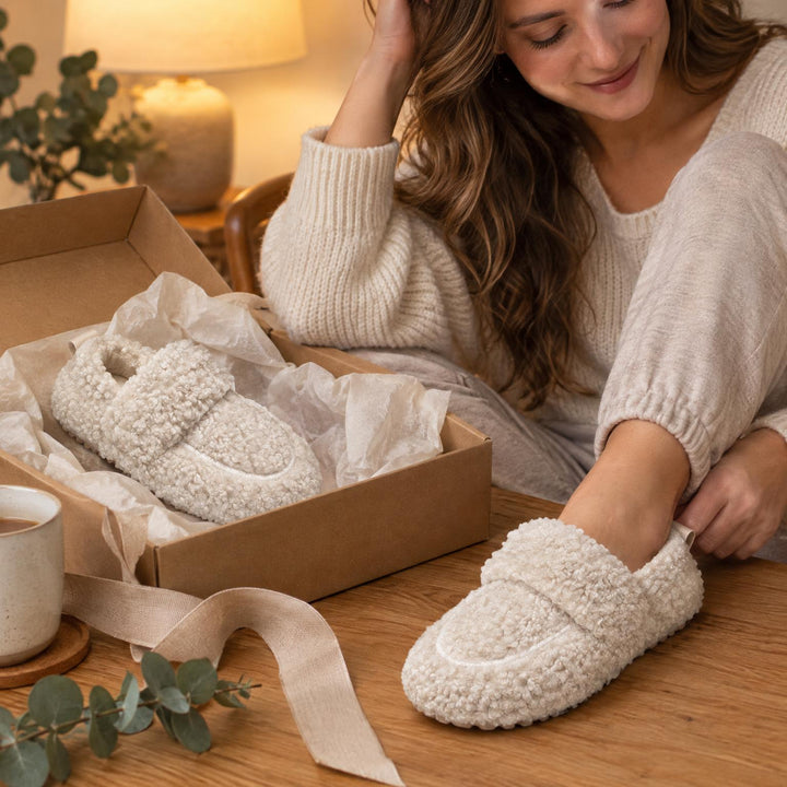 Vrouw in gebreide trui trekt een crèmekleurige teddysloffen aan, naast een geopende cadeaudoos met tissuepapier en lint 1