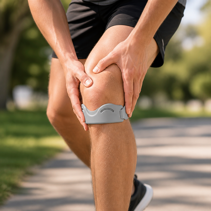 Man houdt met beide handen zijn knie vast, die een grijze kniesteunband draagt, op een zonnig wandelpad. 6