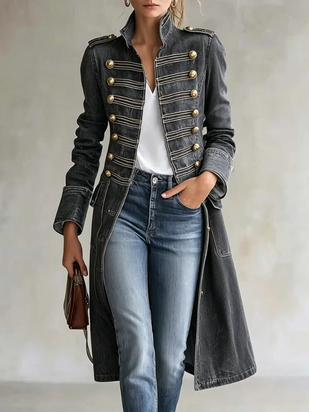 Dezelfde jas in donkergrijs gewassen denim, gedragen met wit topje en jeans, met gouden knopen en lichte galon. 10
