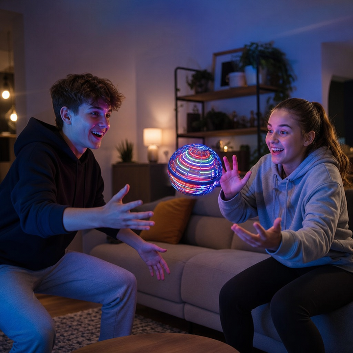 Tieners spelen 's avonds binnen met de zweefbal
