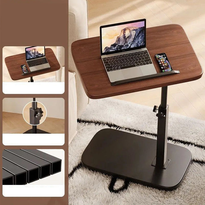 Bruin laptopbureau met laptop en telefoon op een wit vloerkleed, met uitsneden van de hoogteknop en het vierkante buisprofiel. 3